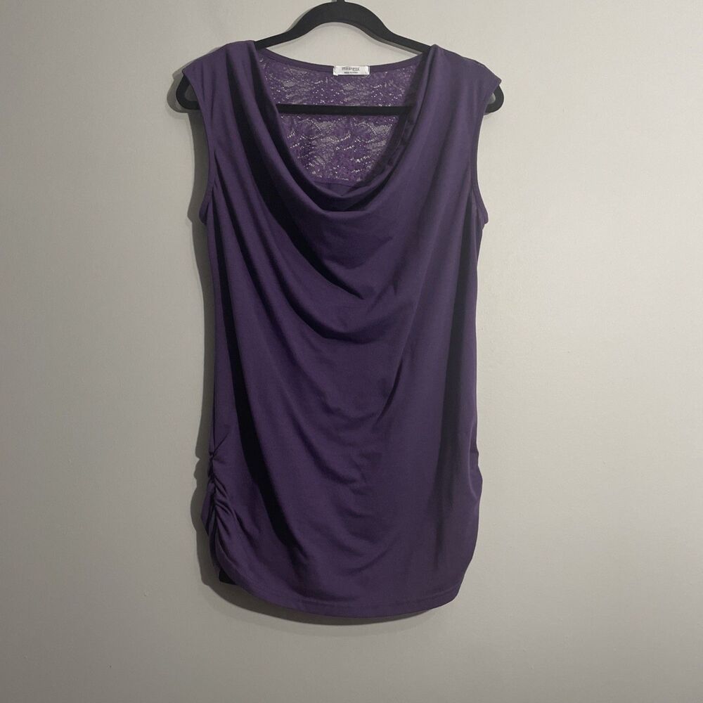 Meaneor Purple Lace Yoke Top L Short Sleeve Soft Feminine Romantic Blouse